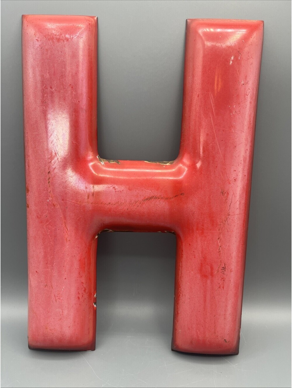 Vintage Porcelain Enamel Metal Sign Letter H Red 12” Gas Station Oil Advertising